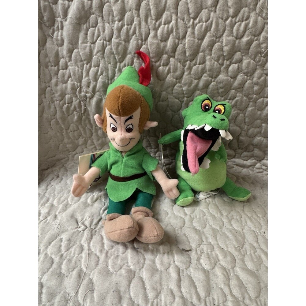 Vintage 1990s Disney Store Peter Pan & Crock Crocodile 8” Bean Bag Plush Tags